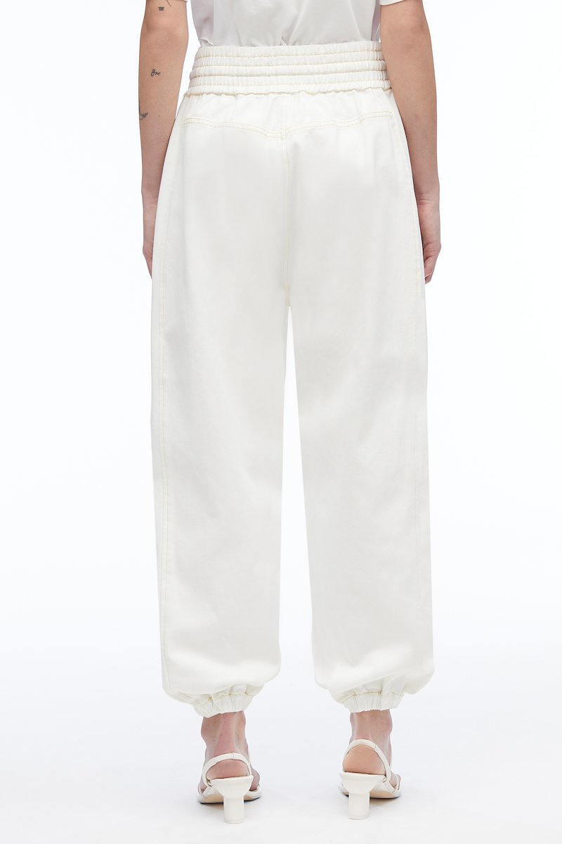 Stonewashed Denim Origami Pant-white #1 Stonewashed Denim Origami Pant, pleat-detail straight-leg trousers from 3.1 PHILLIP LIM featuring white, cotton, contrast stitching, pleat detailing, high waist, tied waist, two side slit pockets, rear flap pocket and straight leg.- 3