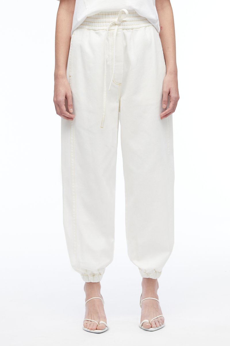 Stonewashed Denim Origami Pant-white #1 Stonewashed Denim Origami Pant, pleat-detail straight-leg trousers from 3.1 PHILLIP LIM featuring white, cotton, contrast stitching, pleat detailing, high waist, tied waist, two side slit pockets, rear flap pocket and straight leg.- 1