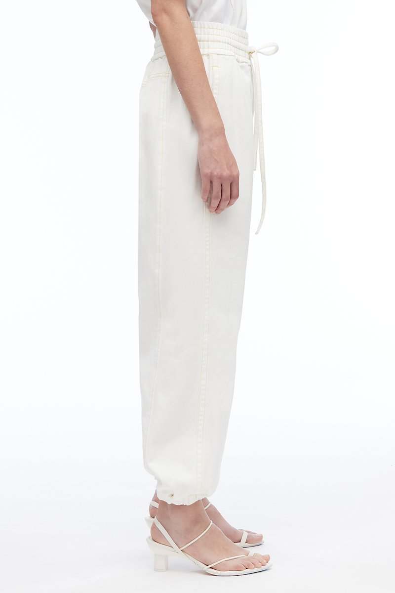 Stonewashed Denim Origami Pant-white #0 Stonewashed Denim Origami Pant, pleat-detail straight-leg trousers from 3.1 PHILLIP LIM featuring white, cotton, contrast stitching, pleat detailing, high waist, tied waist, two side slit pockets, rear flap pocket and straight leg.- 2