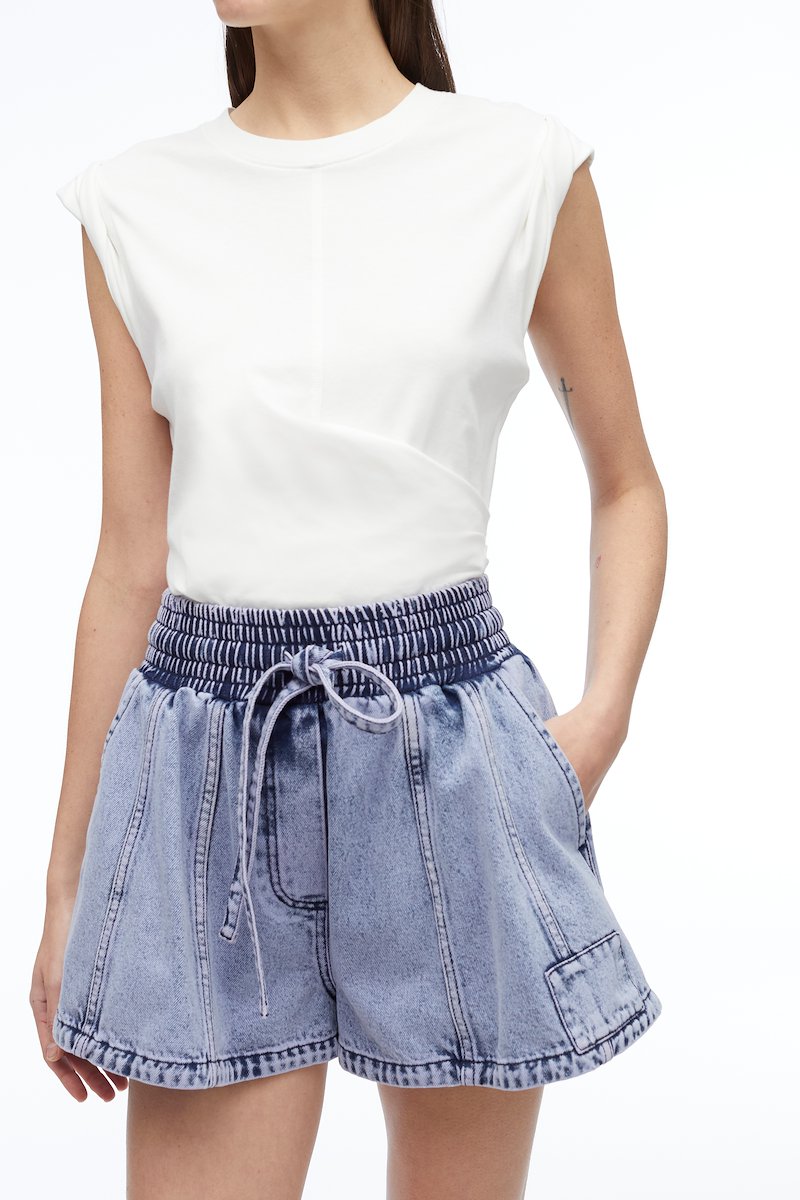 Overdyed Denim Boxer Short-blue #0 Overdyed Denim Boxer Short, drawstring denim shorts from 3.1 PHILLIP LIM featuring light blue, cotton, light wash, high waist, elasticated drawstring waistband, two side inset pockets, flared and thigh-length.- 4