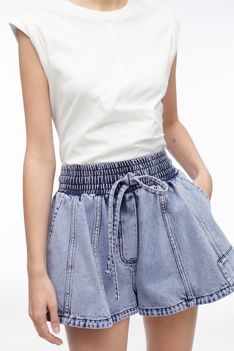 Overdyed Denim Boxer Short-blue #1 Overdyed Denim Boxer Short, drawstring denim shorts from 3.1 PHILLIP LIM featuring light blue, cotton, light wash, high waist, elasticated drawstring waistband, two side inset pockets, flared and thigh-length.- 5