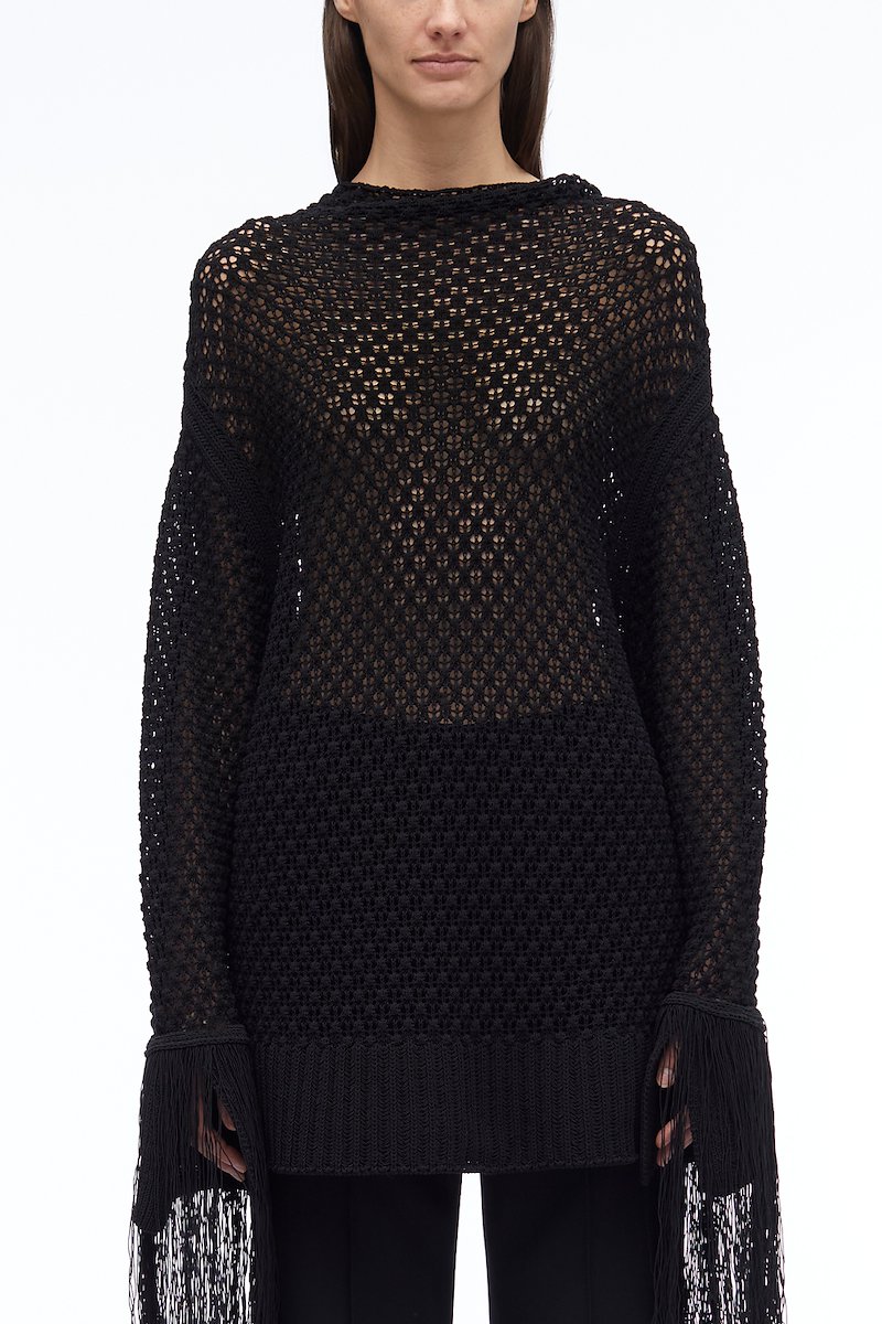 Textured Fringe Oversized Pullover-black #1 Textured Fringe Oversized Pullover, null- 1