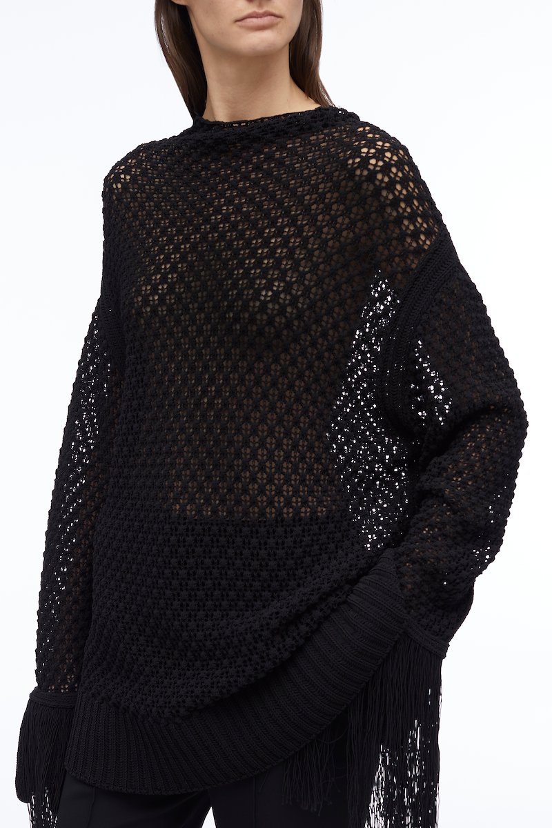 Textured Fringe Oversized Pullover-black #0 Textured Fringe Oversized Pullover, null- 4