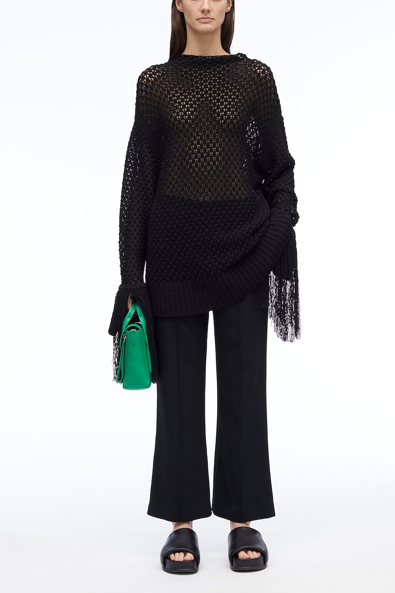 Textured Fringe Oversized Pullover-black #0 Textured Fringe Oversized Pullover, null- 0