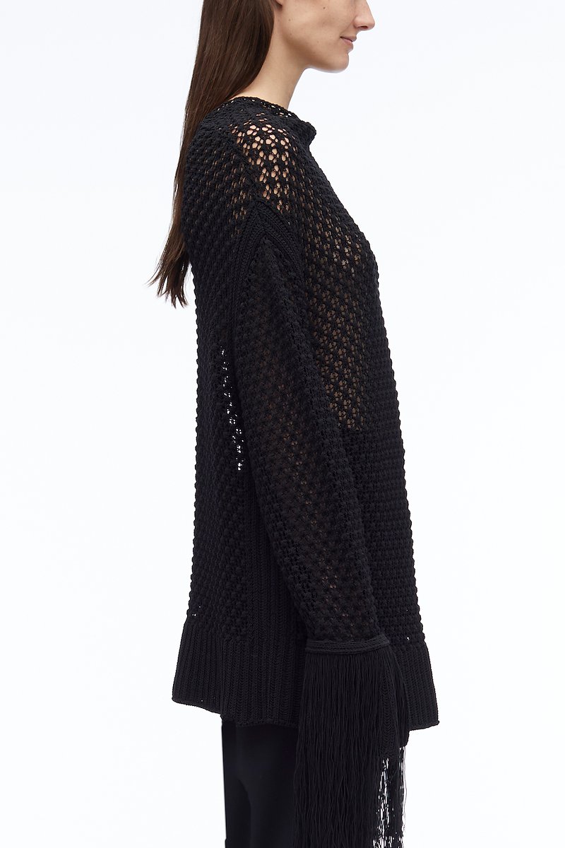 Textured Fringe Oversized Pullover-black #0 Textured Fringe Oversized Pullover, null- 2