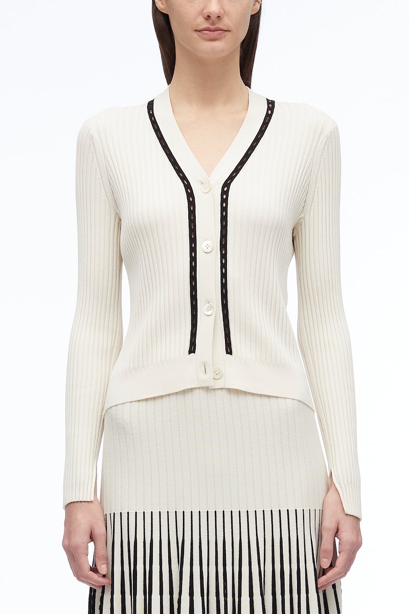 Pointelle Rib Cardigan-white #1 Pointelle Rib Cardigan, Ivory-Blk Synthetic->viscose Pointelle Rib Cardigan from 3.1 Phillip Lim. - 1