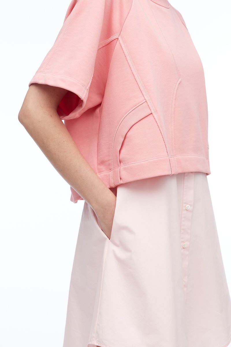 Patched Sweatshirt Combo Dress-pink #0 Patched Sweatshirt Combo Dress, patchwork T-shirt dress from 3.1 PHILLIP LIM featuring flamingo pink, powder pink, cotton, patchwork design, round neck, front button fastening, short sleeves, high-low hem and mid-length.- 4