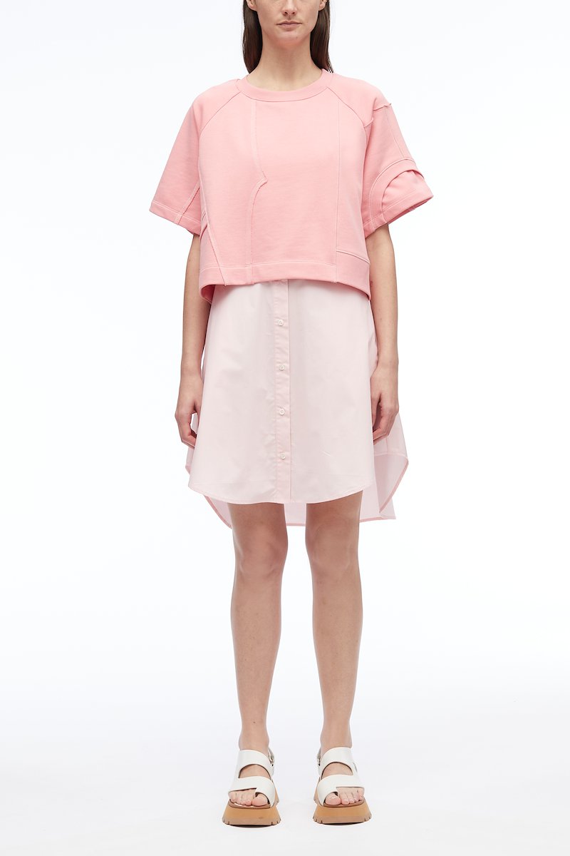 Patched Sweatshirt Combo Dress-pink #0 Patched Sweatshirt Combo Dress, patchwork T-shirt dress from 3.1 PHILLIP LIM featuring flamingo pink, powder pink, cotton, patchwork design, round neck, front button fastening, short sleeves, high-low hem and mid-length.- 0