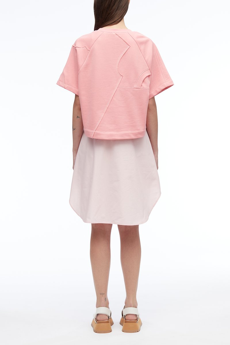 Patched Sweatshirt Combo Dress-pink #0 Patched Sweatshirt Combo Dress, patchwork T-shirt dress from 3.1 PHILLIP LIM featuring flamingo pink, powder pink, cotton, patchwork design, round neck, front button fastening, short sleeves, high-low hem and mid-length.- 2