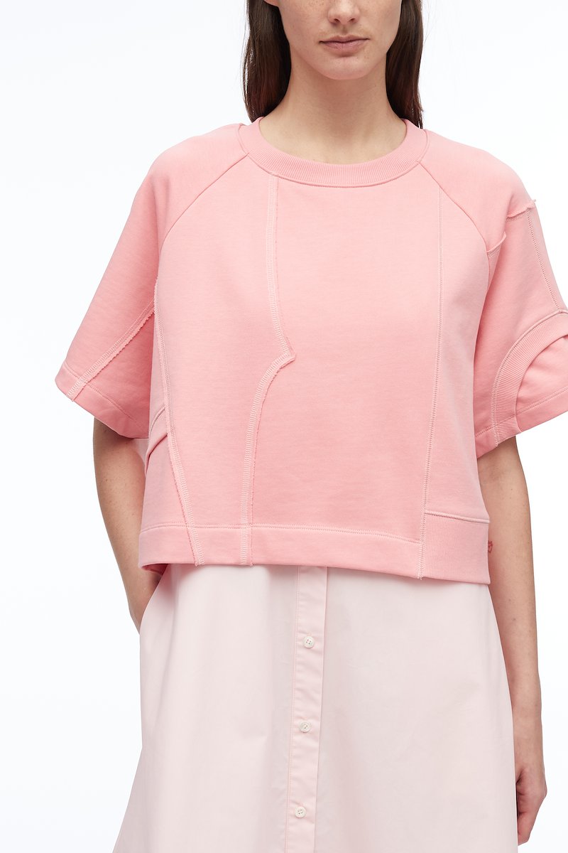 Patched Sweatshirt Combo Dress-pink #1 Patched Sweatshirt Combo Dress, patchwork T-shirt dress from 3.1 PHILLIP LIM featuring flamingo pink, powder pink, cotton, patchwork design, round neck, front button fastening, short sleeves, high-low hem and mid-length.- 3