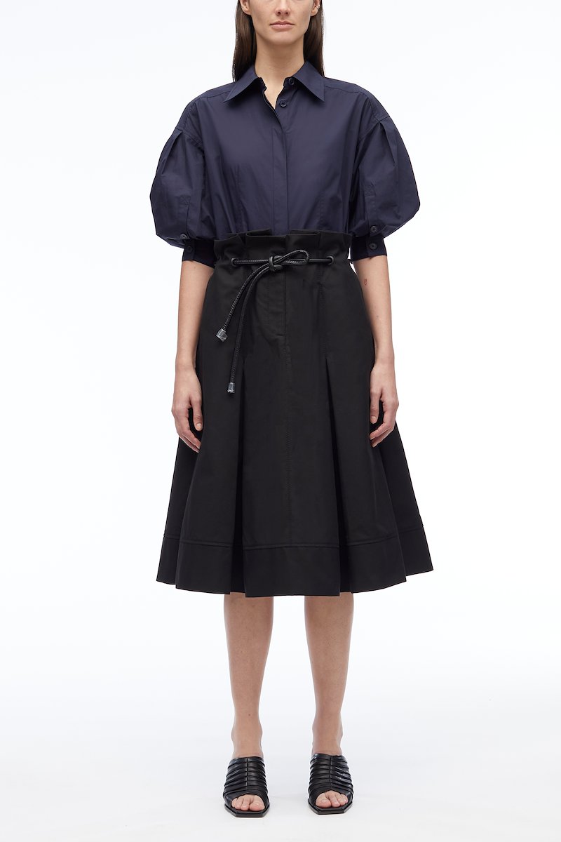 Origami Combo Dress-black #0 Origami Combo Dress, two-tone box-pleat shirtdress from 3.1 PHILLIP LIM featuring navy blue, black, stretch-cotton, two-tone design, classic collar, concealed front fastening, tied waist, half-length sleeves, flared skirt, box-pleat detail and mid-length.- 0