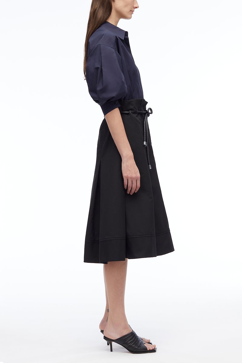 Origami Combo Dress-black #1 Origami Combo Dress, two-tone box-pleat shirtdress from 3.1 PHILLIP LIM featuring navy blue, black, stretch-cotton, two-tone design, classic collar, concealed front fastening, tied waist, half-length sleeves, flared skirt, box-pleat detail and mid-length.- 1