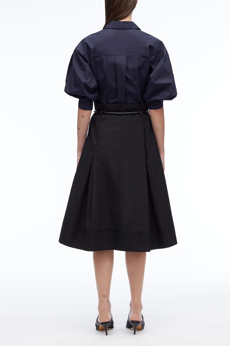 Origami Combo Dress, two-tone box-pleat shirtdress from 3.1 PHILLIP LIM featuring navy blue, black, stretch-cotton, two-tone design, classic collar, concealed front fastening, tied waist, half-length sleeves, flared skirt, box-pleat detail and mid-length.- 2