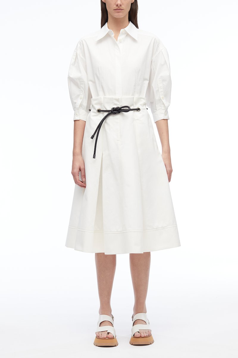 Origami Combo Dress-white #0 Origami Combo Dress, box-pleat midi shirtdress from 3.1 PHILLIP LIM featuring ivory white, stretch-cotton, classic collar, concealed front fastening, tied waist, half-length sleeves, flared, box-pleat detail and mid-length.- 0