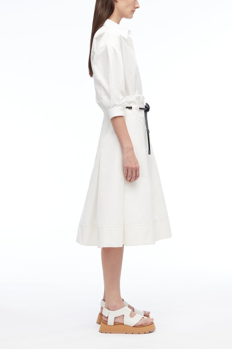 Origami Combo Dress-white #1 Origami Combo Dress, box-pleat midi shirtdress from 3.1 PHILLIP LIM featuring ivory white, stretch-cotton, classic collar, concealed front fastening, tied waist, half-length sleeves, flared, box-pleat detail and mid-length.- 1