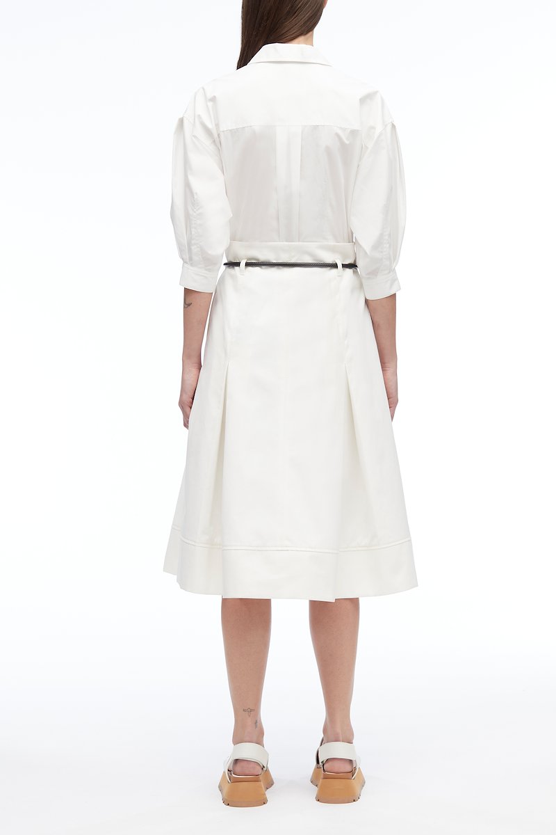 Origami Combo Dress-white #0 Origami Combo Dress, box-pleat midi shirtdress from 3.1 PHILLIP LIM featuring ivory white, stretch-cotton, classic collar, concealed front fastening, tied waist, half-length sleeves, flared, box-pleat detail and mid-length.- 2