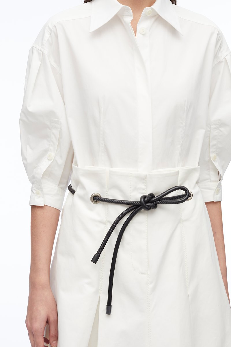 Origami Combo Dress-white #1 Origami Combo Dress, box-pleat midi shirtdress from 3.1 PHILLIP LIM featuring ivory white, stretch-cotton, classic collar, concealed front fastening, tied waist, half-length sleeves, flared, box-pleat detail and mid-length.- 3