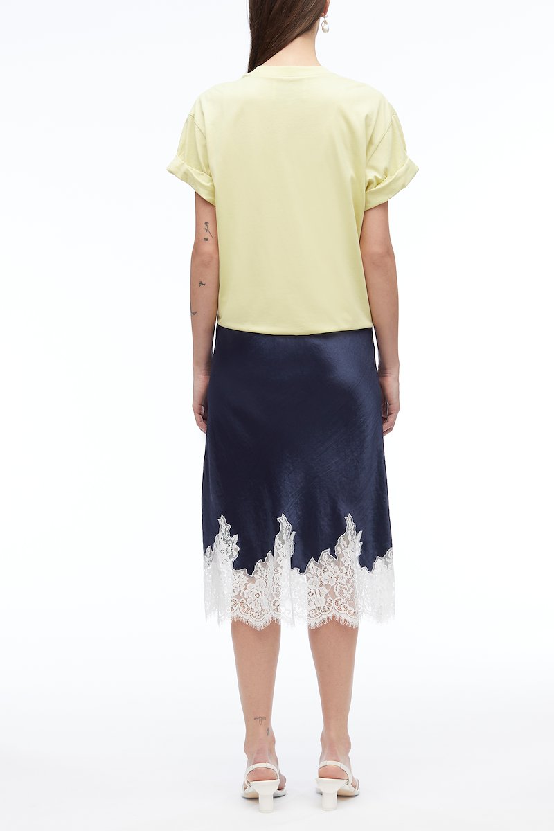 Draped T-Shirt Slip Combo Dress-blue #0 Draped T-Shirt Slip Combo Dress, draped T-shirt dress from 3.1 PHILLIP LIM featuring light yellow, navy blue, cotton, draped detailing, round neck, short sleeves, lace trim and mid-length.- 2