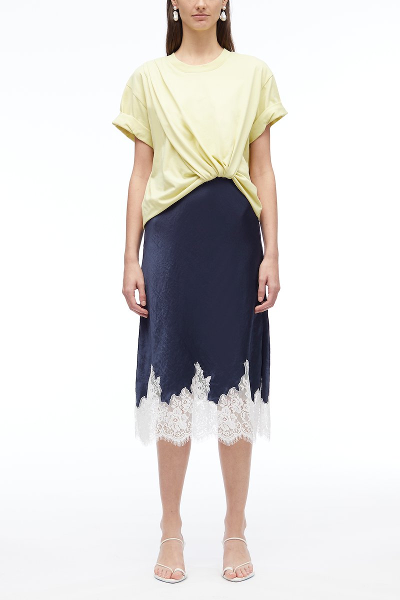 Draped T-Shirt Slip Combo Dress-blue #0 Draped T-Shirt Slip Combo Dress, draped T-shirt dress from 3.1 PHILLIP LIM featuring light yellow, navy blue, cotton, draped detailing, round neck, short sleeves, lace trim and mid-length.- 0