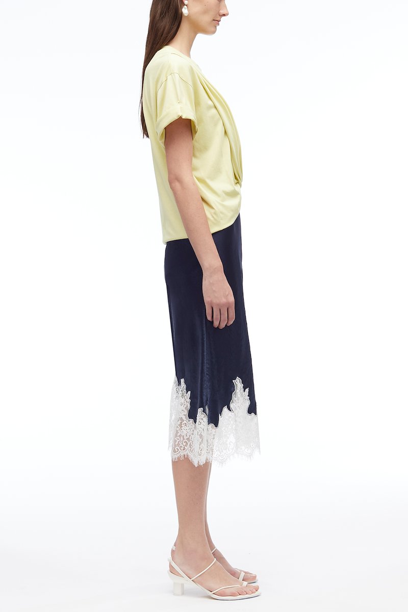 Draped T-Shirt Slip Combo Dress-blue #1 Draped T-Shirt Slip Combo Dress, draped T-shirt dress from 3.1 PHILLIP LIM featuring light yellow, navy blue, cotton, draped detailing, round neck, short sleeves, lace trim and mid-length.- 1