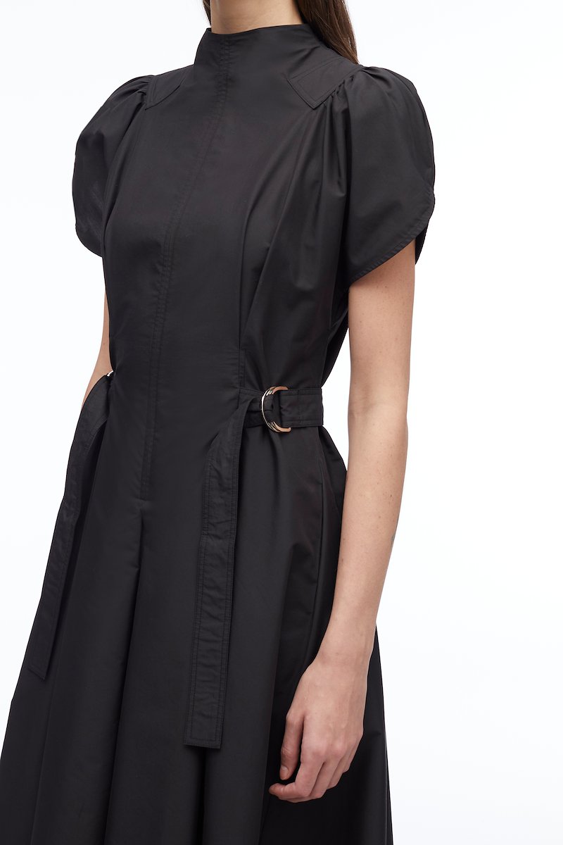 Puff Sleeve Poplin Flare Dress, high-neck flared midi dress from 3.1 PHILLIP LIM featuring black, cotton blend, gathered detailing, pleat detailing, high neck, short slit sleeves, rear zip fastening, adjustable waist strap, flared design and high-low hem.- 4