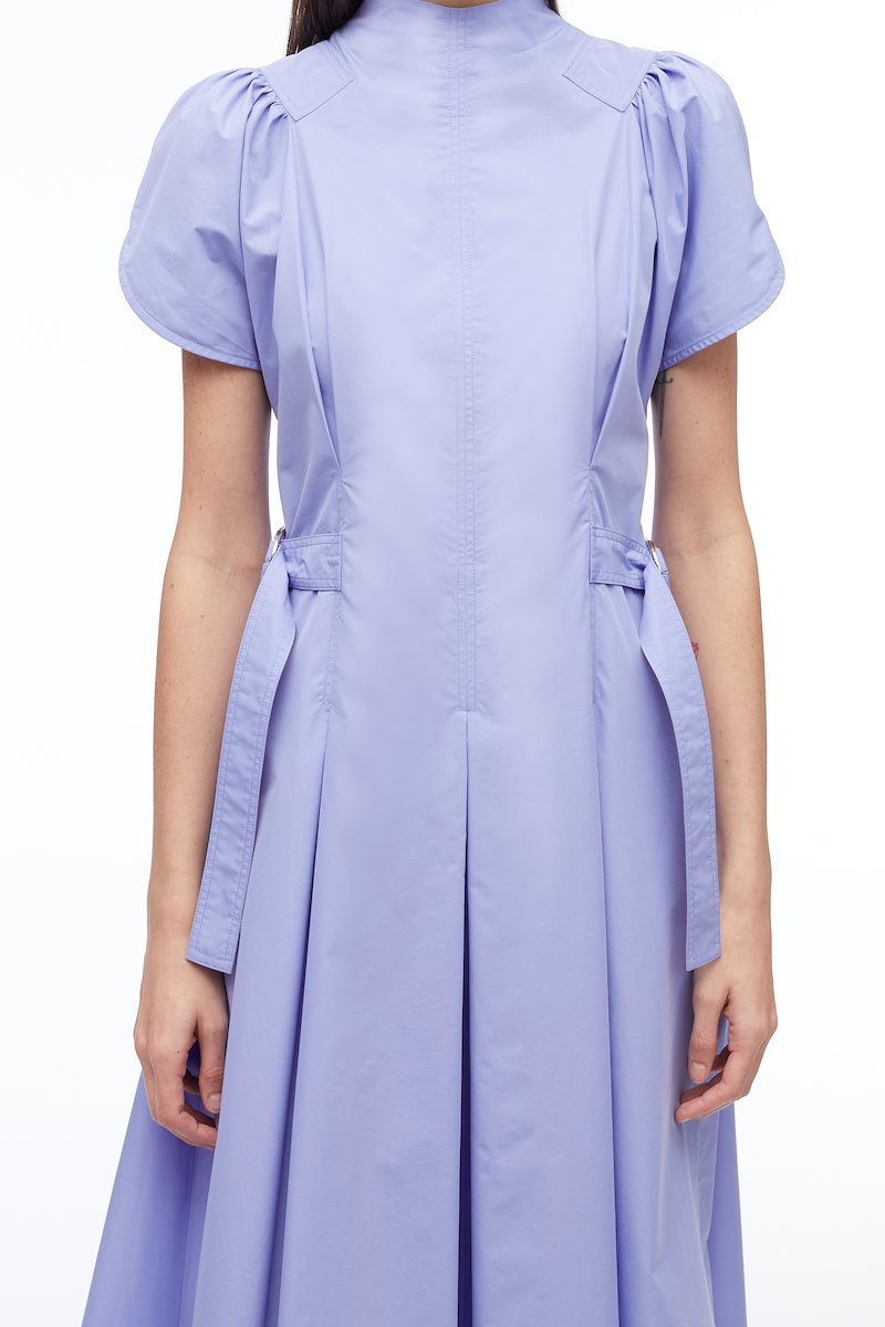 Puff Sleeve Poplin Flare Dress-purple #1 Puff Sleeve Poplin Flare Dress, puff-sleeved box-pleat dress from 3.1 PHILLIP LIM featuring lilac purple, cotton blend, high neck, rear zip fastening, short puff sleeves, decorative buckle detail, flared, box-pleat detail, asymmetric hem and mid-length.- 3