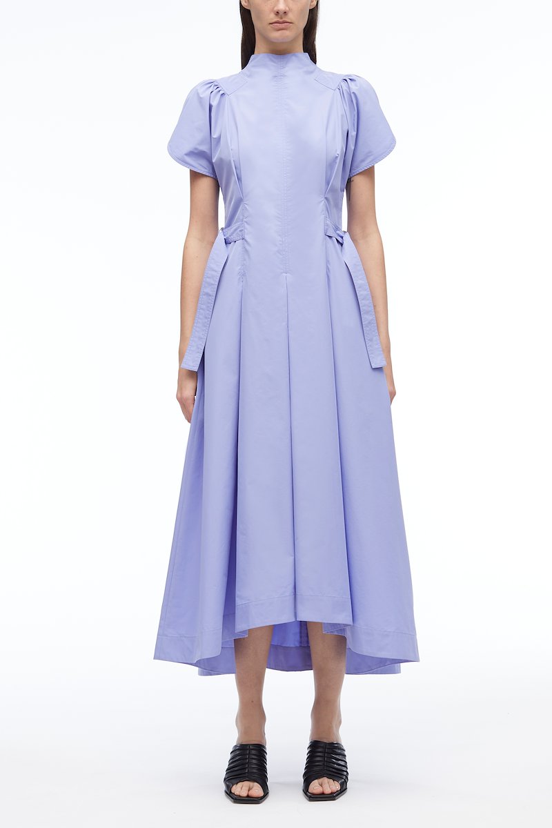 Puff Sleeve Poplin Flare Dress-purple #0 Puff Sleeve Poplin Flare Dress, puff-sleeved box-pleat dress from 3.1 PHILLIP LIM featuring lilac purple, cotton blend, high neck, rear zip fastening, short puff sleeves, decorative buckle detail, flared, box-pleat detail, asymmetric hem and mid-length.- 0