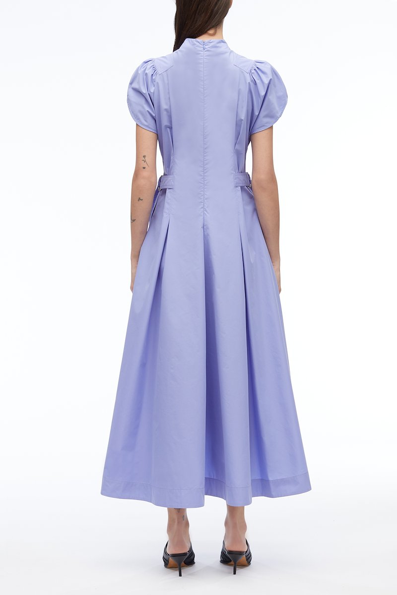 Puff Sleeve Poplin Flare Dress-purple #0 Puff Sleeve Poplin Flare Dress, puff-sleeved box-pleat dress from 3.1 PHILLIP LIM featuring lilac purple, cotton blend, high neck, rear zip fastening, short puff sleeves, decorative buckle detail, flared, box-pleat detail, asymmetric hem and mid-length.- 2