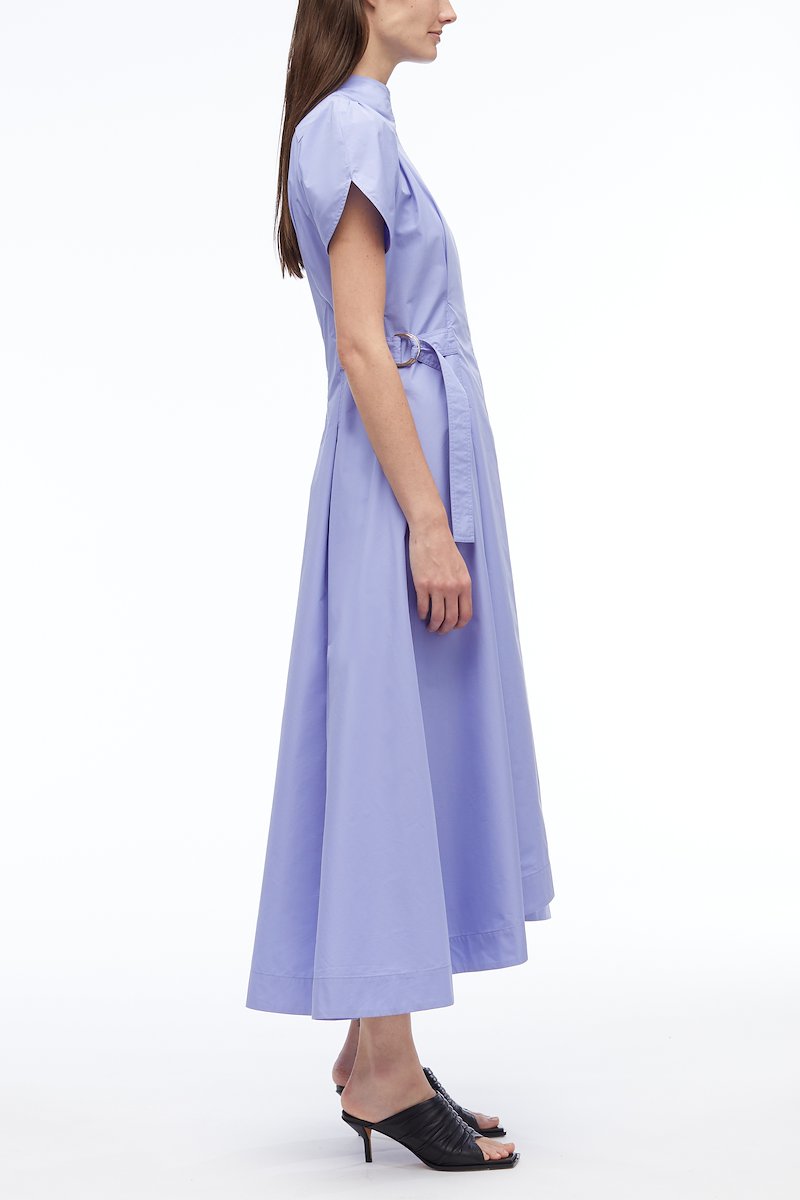 Puff Sleeve Poplin Flare Dress-purple #1 Puff Sleeve Poplin Flare Dress, puff-sleeved box-pleat dress from 3.1 PHILLIP LIM featuring lilac purple, cotton blend, high neck, rear zip fastening, short puff sleeves, decorative buckle detail, flared, box-pleat detail, asymmetric hem and mid-length.- 1