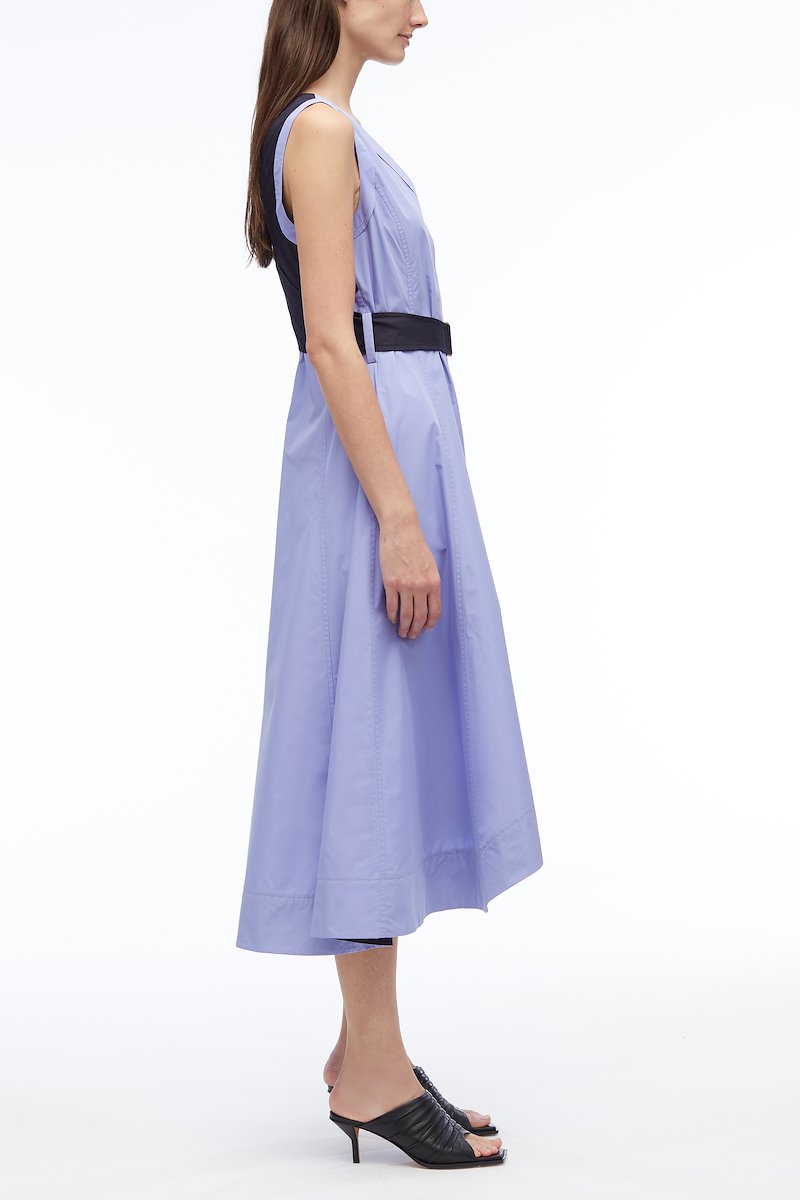 V-Neck Belted Poplin Midi Dress-purple #1 V-Neck Belted Poplin Midi Dress, V-neck sleeveless flared dress from 3.1 PHILLIP LIM featuring lilac purple, black, cotton blend, two-tone design, V-neck, sleeveless, V-back, belted waist, belt loops and high-low hem.- 1