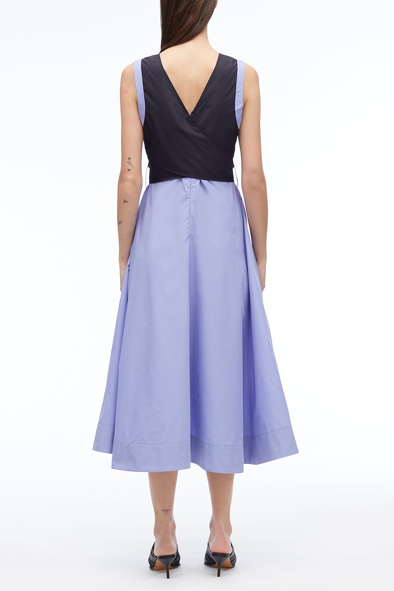 V-Neck Belted Poplin Midi Dress, V-neck sleeveless flared dress from 3.1 PHILLIP LIM featuring lilac purple, black, cotton blend, two-tone design, V-neck, sleeveless, V-back, belted waist, belt loops and high-low hem.- 2