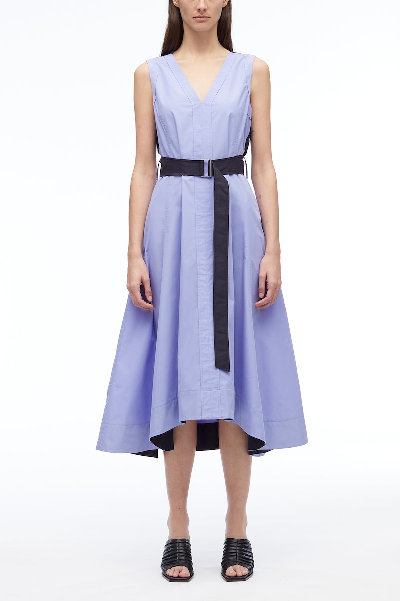 V-Neck Belted Poplin Midi Dress-purple #1 V-Neck Belted Poplin Midi Dress, V-neck sleeveless flared dress from 3.1 PHILLIP LIM featuring lilac purple, black, cotton blend, two-tone design, V-neck, sleeveless, V-back, belted waist, belt loops and high-low hem.- 5