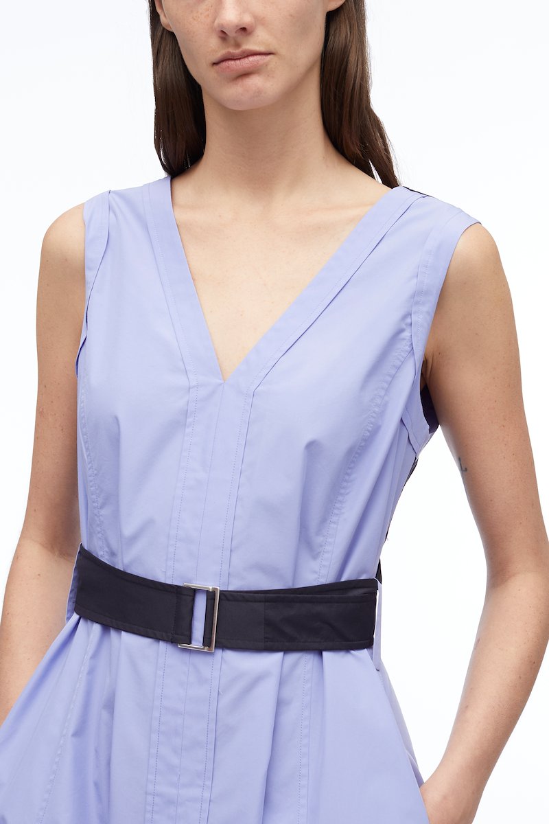 V-Neck Belted Poplin Midi Dress-purple #1 V-Neck Belted Poplin Midi Dress, V-neck sleeveless flared dress from 3.1 PHILLIP LIM featuring lilac purple, black, cotton blend, two-tone design, V-neck, sleeveless, V-back, belted waist, belt loops and high-low hem.- 3