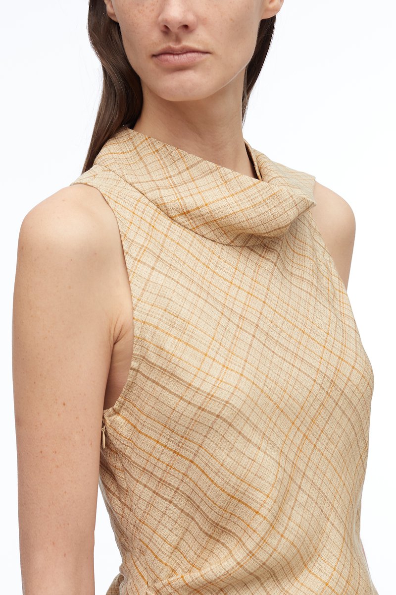 Linen Plaid Sleeveless Draped Top-neutrals #1 Linen Plaid Sleeveless Draped Top, null- 5