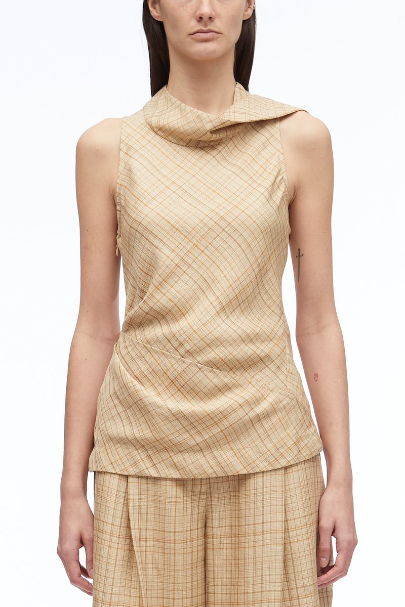 Linen Plaid Sleeveless Draped Top-neutrals #1 Linen Plaid Sleeveless Draped Top, null- 1