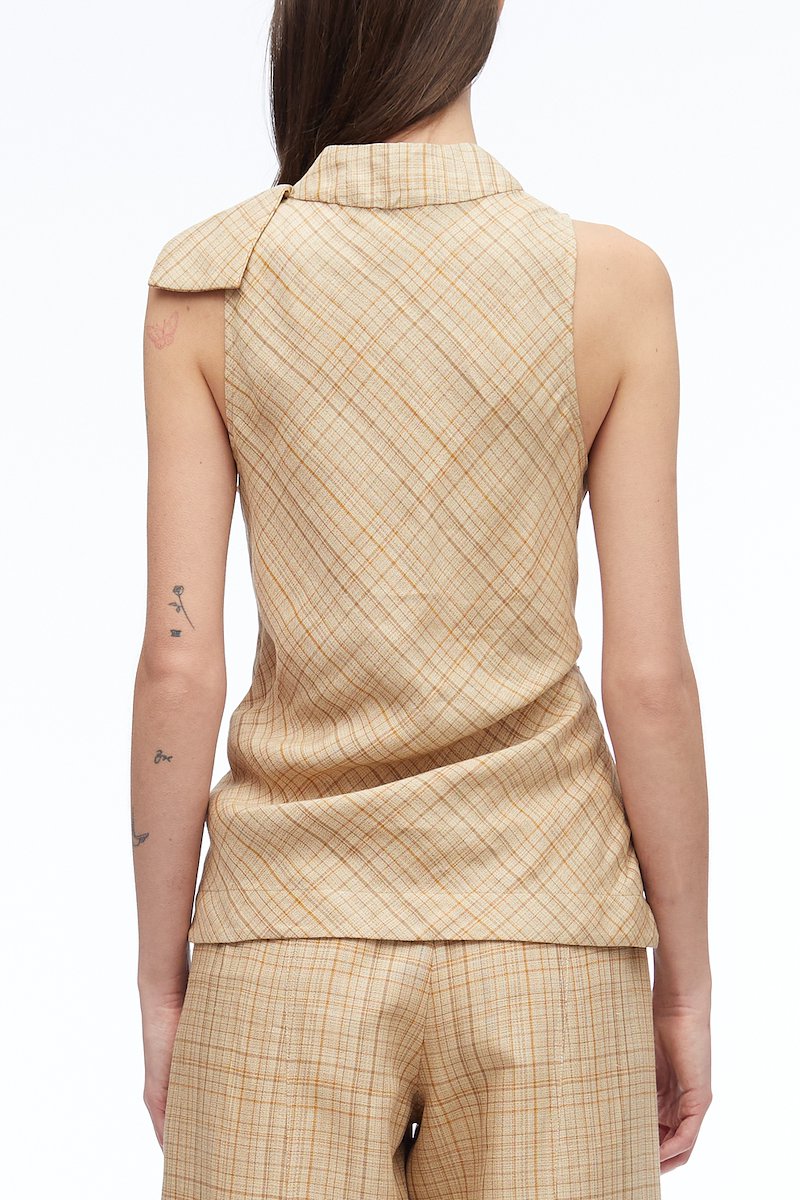 Linen Plaid Sleeveless Draped Top-neutrals #1 Linen Plaid Sleeveless Draped Top, null- 3