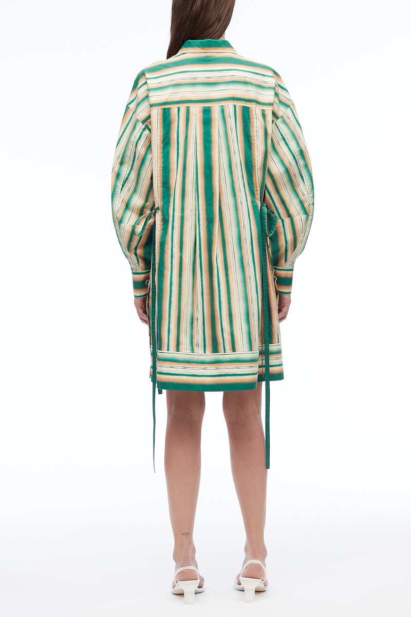 Painted Stripe Shirt Dress-green #0 Painted Stripe Shirt Dress, striped cotton shirt dress from 3.1 PHILLIP LIM featuring bright green, multicolour, cotton, multi-way stripe pattern, oversized pointed collar, V-neck, front button fastening, two chest flap pockets, long sleeves, drop shoulder, buttoned cuffs and straight hem.- 2