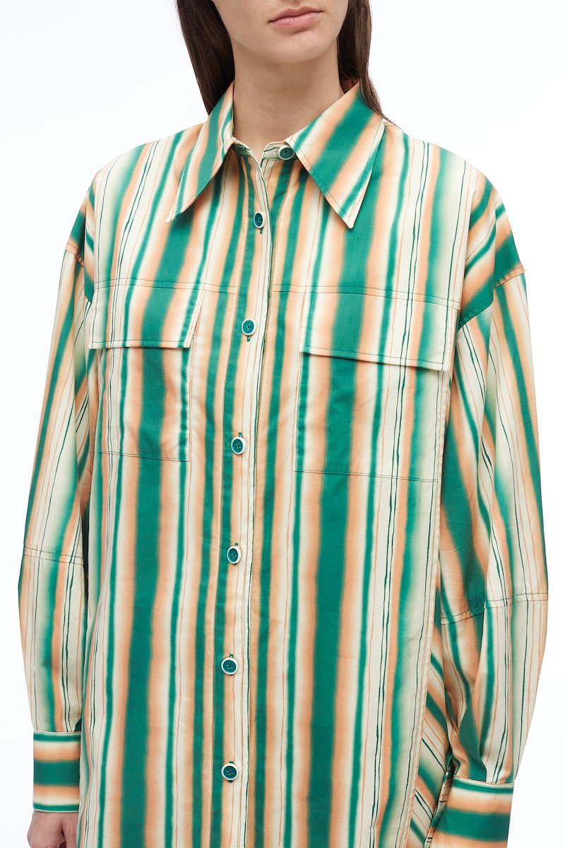 Painted Stripe Shirt Dress-green #1 Painted Stripe Shirt Dress, striped cotton shirt dress from 3.1 PHILLIP LIM featuring bright green, multicolour, cotton, multi-way stripe pattern, oversized pointed collar, V-neck, front button fastening, two chest flap pockets, long sleeves, drop shoulder, buttoned cuffs and straight hem.- 3