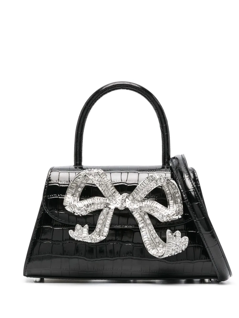 Self-portrait Mini Bow Croc Embossed Top Handle Bag In Black High Shine ...