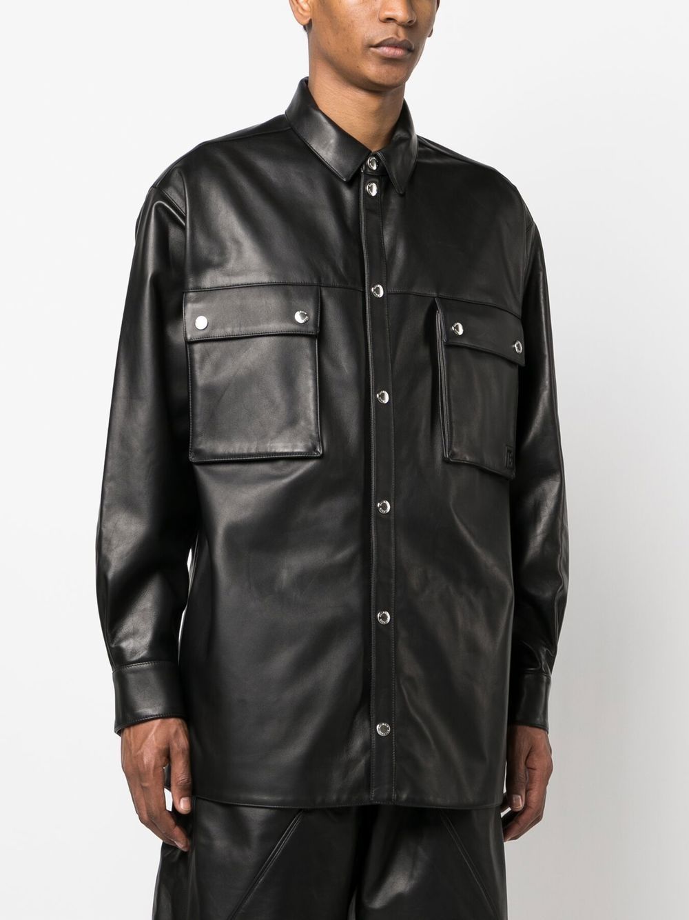 Shop Balmain Embossed-logo Leather Shirt In 黑色