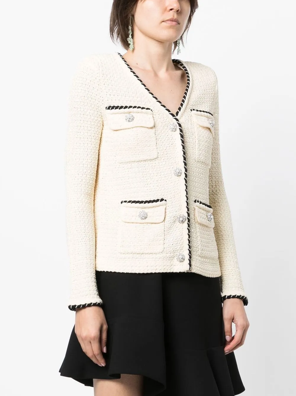 Self-portrait Sequin Crystal Faux Pearl Embellished Knit Cropped Cardigan In White
