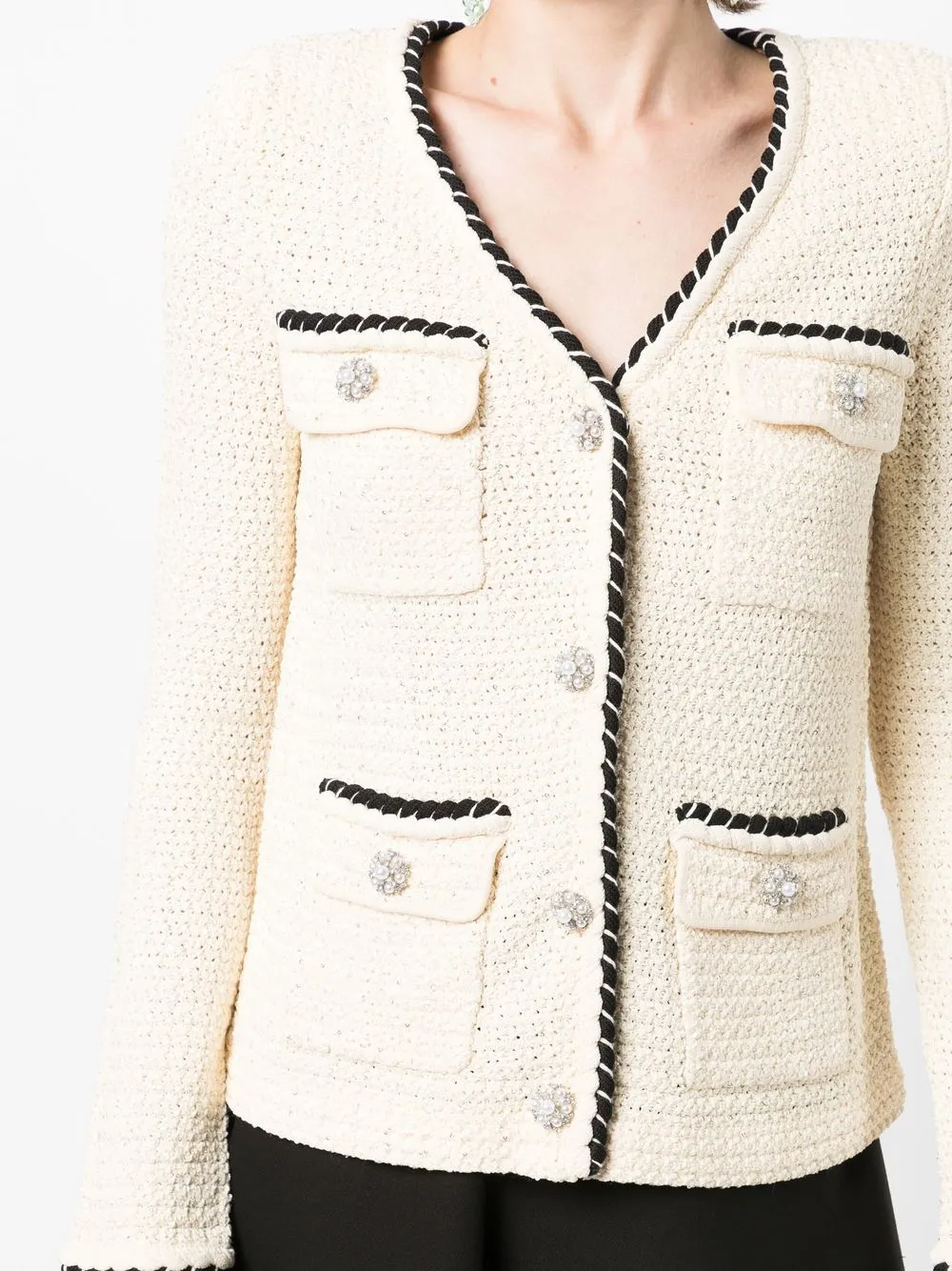 Self-portrait Sequin Crystal Faux Pearl Embellished Knit Cropped Cardigan In White