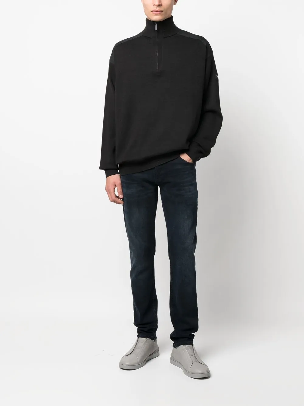 Shop Calvin Klein Cotton-blend Quarter-zip Jumper In Black