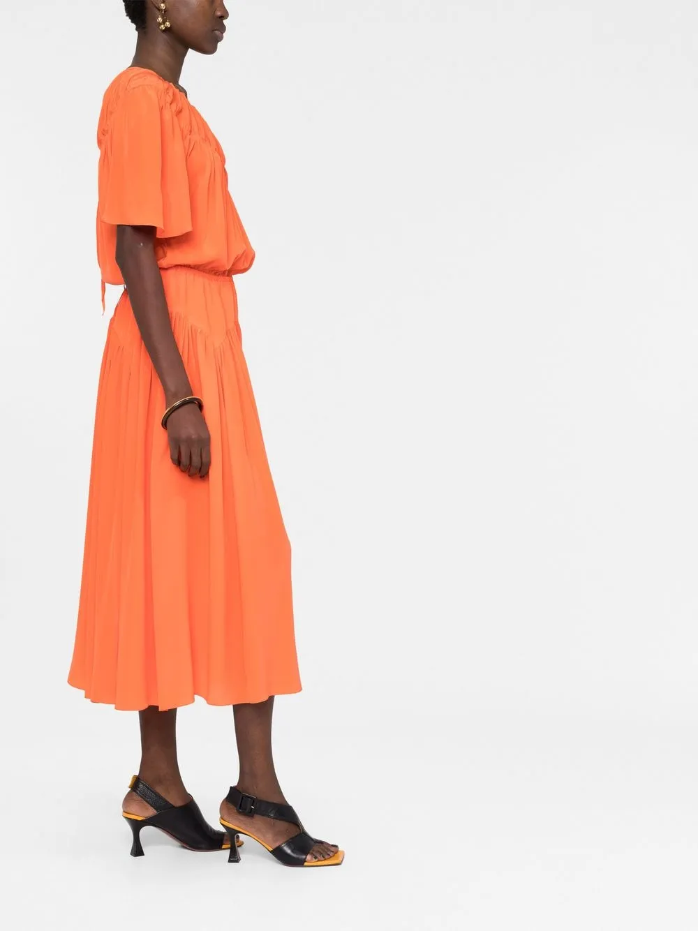 Marni Flutter-sleeve Side-slit Gathered Silk Midi Dress In Orange