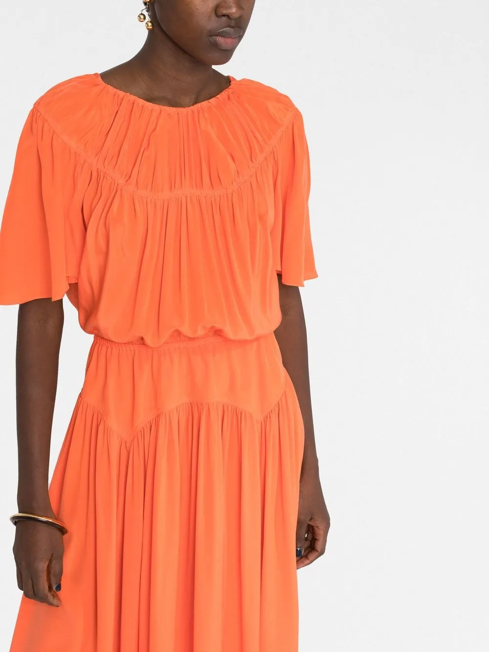 Marni Flutter-sleeve Side-slit Gathered Silk Midi Dress In Orange