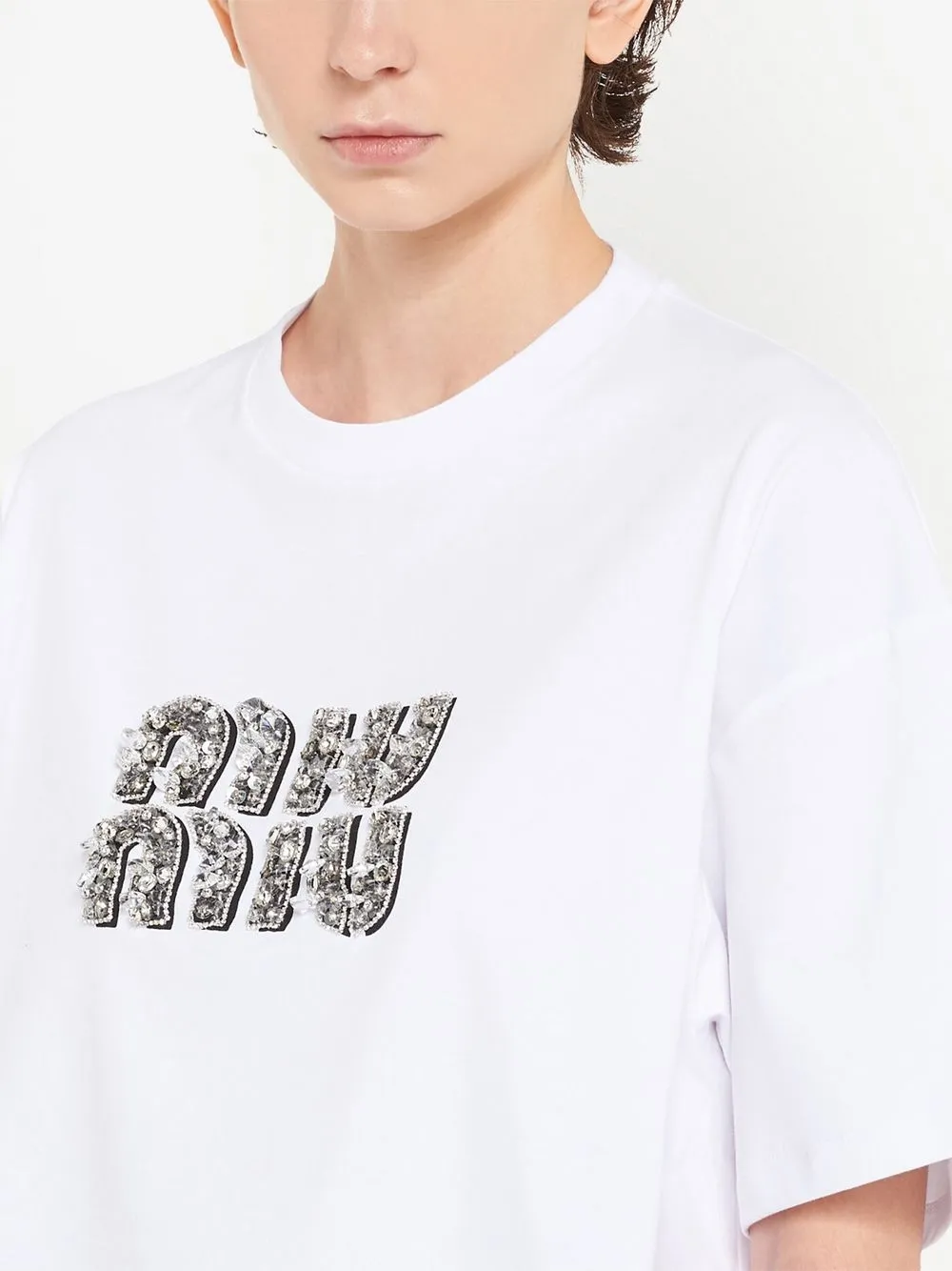 Shop Miu Miu Crystal-embellished Cotton T-shirt In Weiss