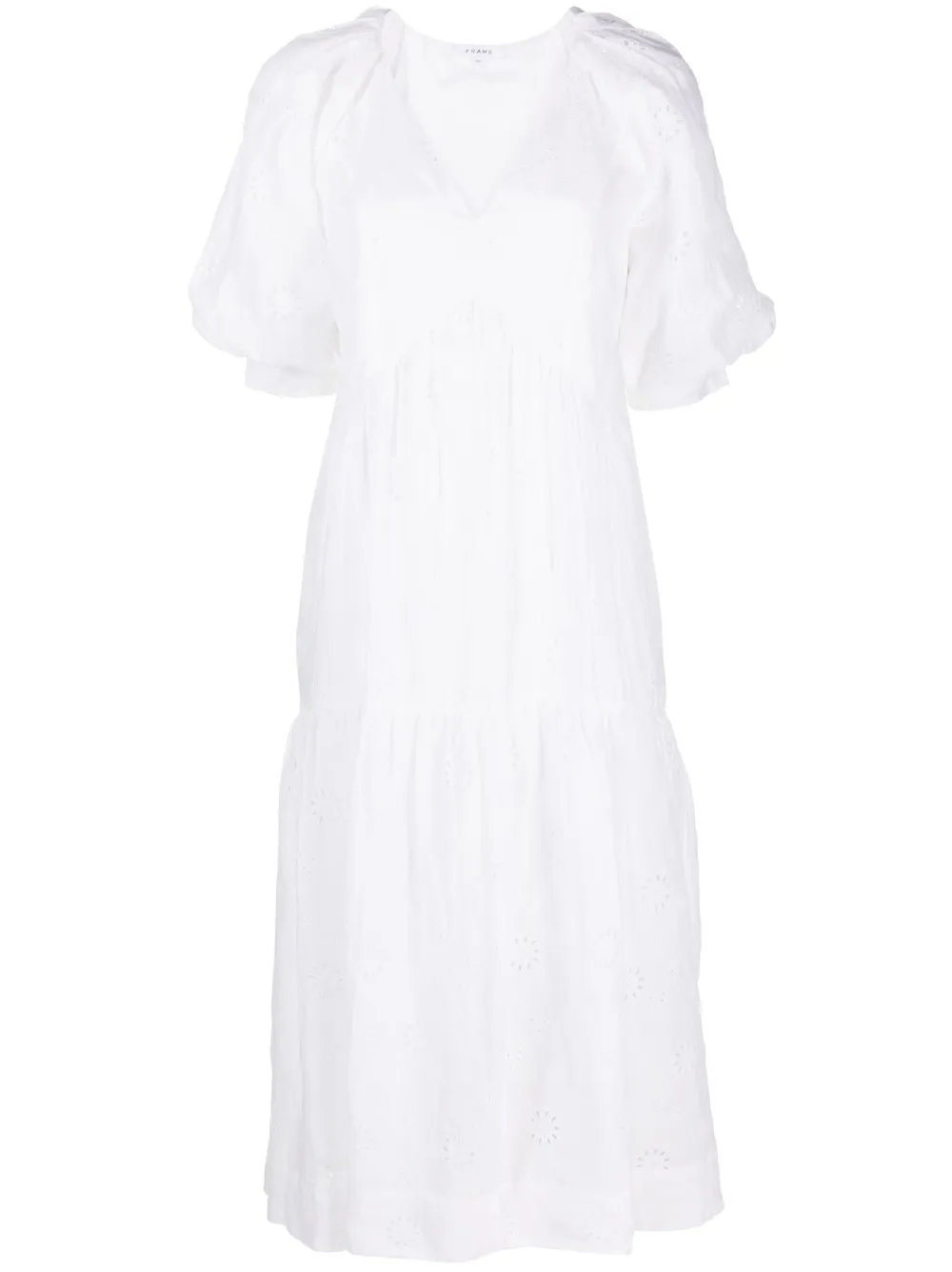 Frame Puff Sleeve Eyelet Midi Dress In White