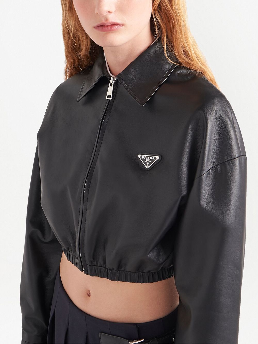 Shop Prada Cropped Leather Jacket In Black