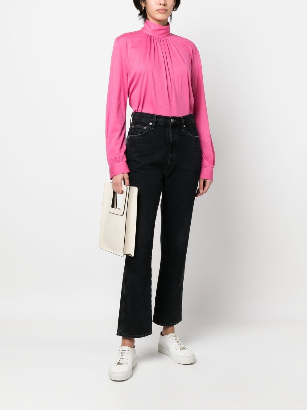 Shop Xacus Gathered-detail High Neck Blouse In Pink