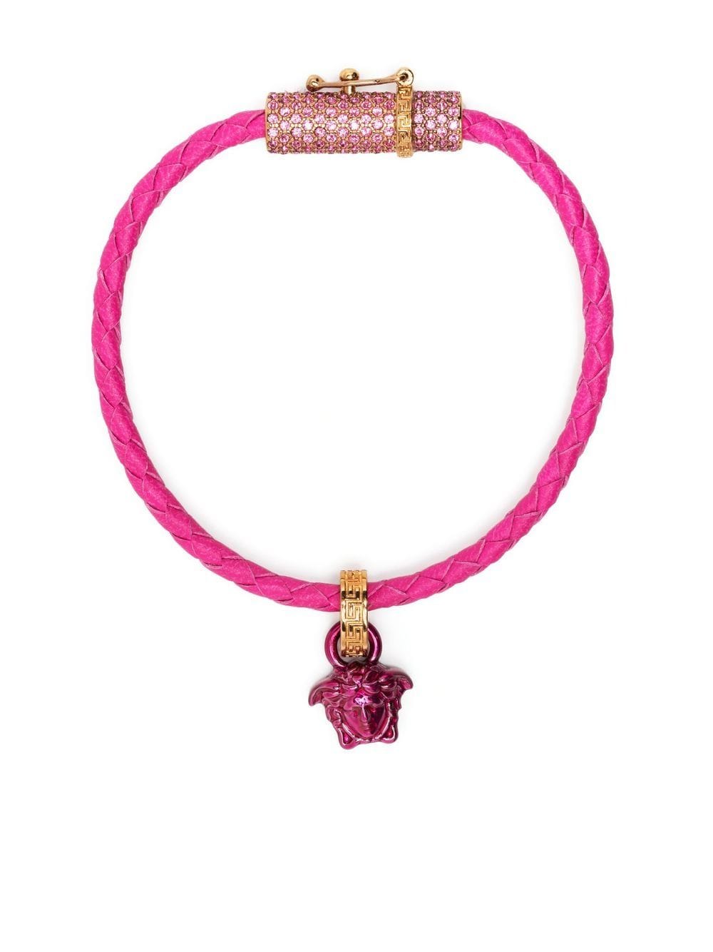 Shop Versace Leather Crystal-embellished Bracelet In 粉色